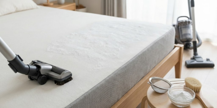 Aplicação de bicarbonato no colchão para eliminar odores e reduzir ácaros