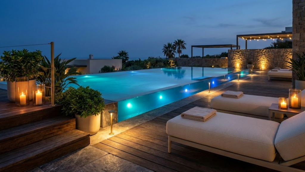 Guia de decoração transforma piscinas com plantas e mesas de apoio em áreas mais acolhedoras