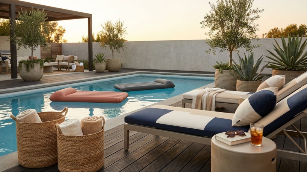 Guia de decoração transforma piscinas com plantas e mesas de apoio em áreas mais acolhedoras