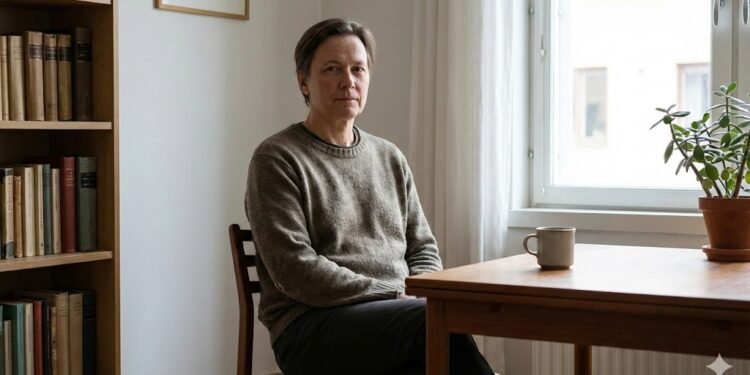 Pessoa adulta em ambiente simples e modesto, com postura calma e expressão confiante, representando segurança emocional, autonomia psicológica e ausência de ostentação financeira.