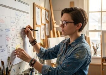 Uma mulher de cabelo curto e óculos, vestindo uma camisa jeans manchada de tinta, escreve com uma caneta preta em um grande calendário de parede branco. O calendário está cheio de notas e prazos manuscritos. Ela está em um estúdio de arte iluminado pela luz natural de uma janela, cercada por cavaletes, telas, pincéis e outros materiais artísticos. Seu olhar está concentrado no calendário.