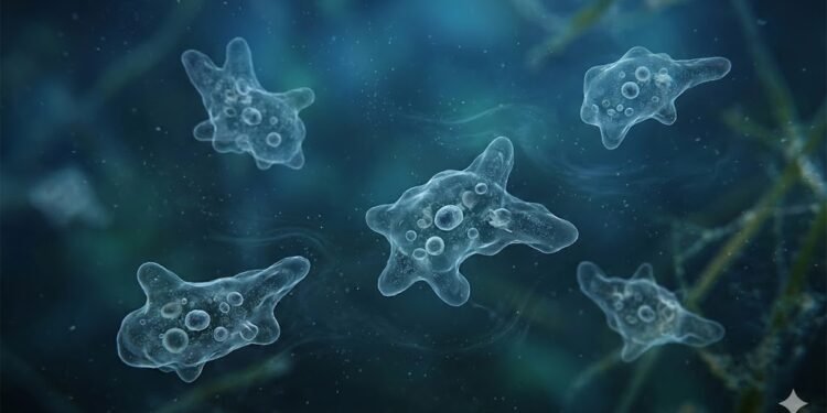 Amebas de vida livre sob visão microscópica em fundo azul escuro.