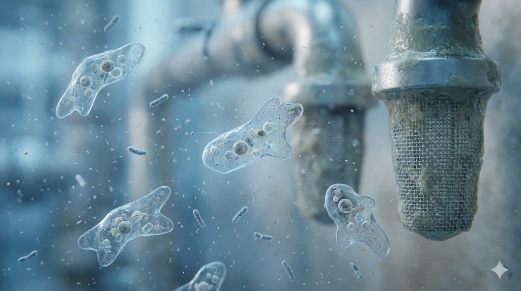 Microscopia de amebas de vida livre e bactérias em suspensão próximas a tubulações e filtros de água potável.