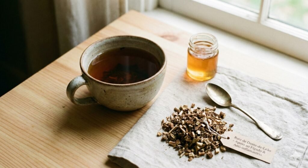 Chá de raiz de dente-de-leão, uma das formas mais utilizadas para apoiar a função do fígado e auxiliar na redução da inflamação.