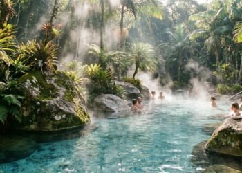 Fonte de águas termais naturalmente aquecida pelo calor interno da Terra, rica em minerais e reconhecida por seus benefícios terapêuticos.