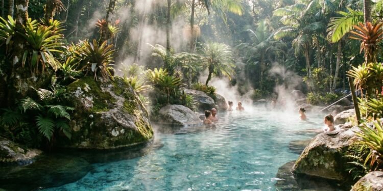 Fonte de águas termais naturalmente aquecida pelo calor interno da Terra, rica em minerais e reconhecida por seus benefícios terapêuticos.