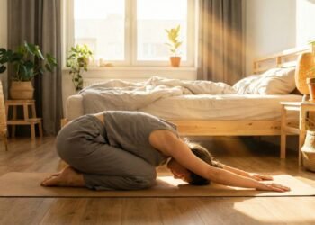 Postura da criança: 30 segundos são suficientes para liberar a tensão lombar acumulada durante a noite e destravar a coluna logo ao acordar.