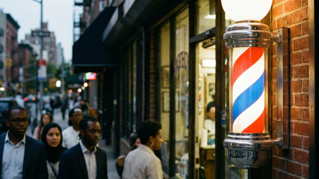 O significado do poste giratório colorido das barbearias