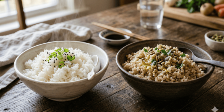 O arroz integral é o grão que passou apenas pela retirada da casca externa mais dura, mantendo o farelo e o gérmen
