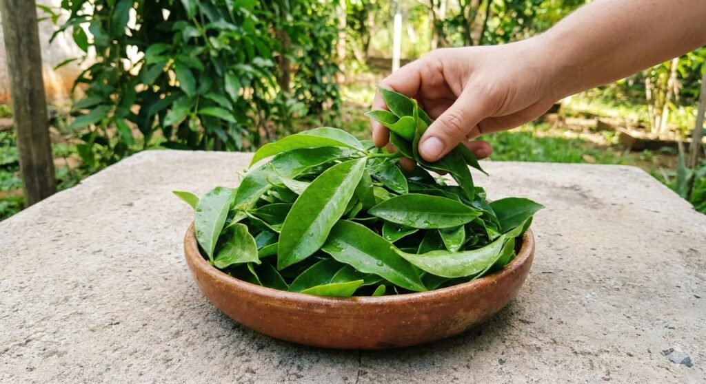 Folhas frescas de ora-pro-nóbis prontas para consumo: planta espontânea com alto teor de proteína vegetal e grande valor nutricional.