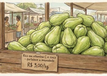 Banca de feira tradicional destacando o chuchu fresco como uma opção econômica e nutritiva para a saúde.