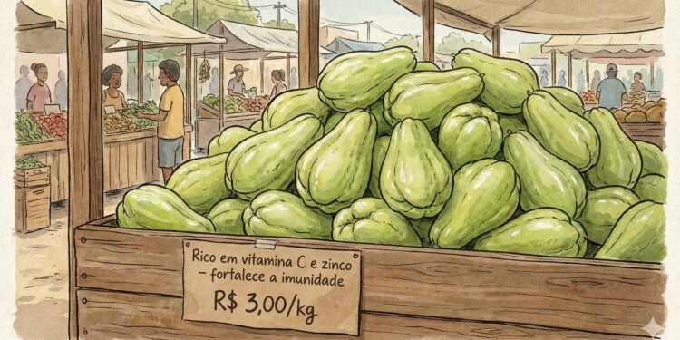 Banca de feira tradicional destacando o chuchu fresco como uma opção econômica e nutritiva para a saúde.