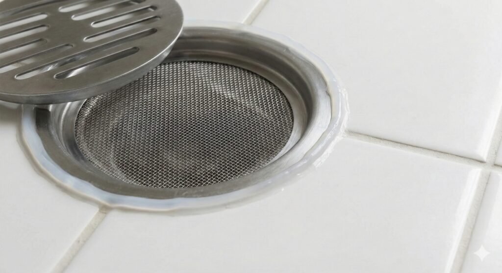 Ralo com tela protetora instalada e vedação adequada, medida simples e eficaz para prevenir a entrada de lacraias e outras pragas.