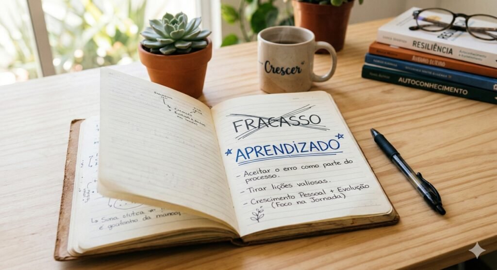 Transformar “fracasso” em “aprendizado” é uma prática que fortalece a resiliência e reduz a autocrítica.