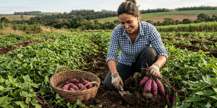 Quando chegar perto do período de colheita, é comum abrir pequenas partes do canteiro para verificar o tamanho dos tubérculos