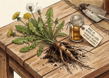 Raiz de dente-de-leão: planta medicinal estudada por seu potencial hepatoprotetor e ação anti-inflamatória natural.