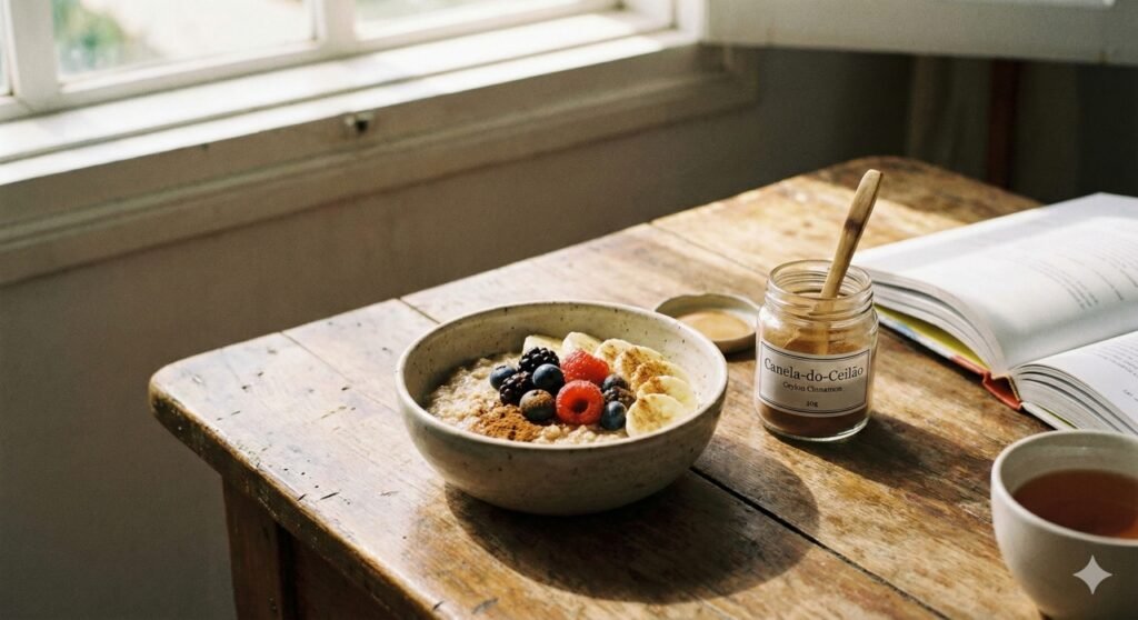 Aveia com frutas polvilhadas com canela-do-ceilão, exemplo prático de como incluir até 2g diárias da especiaria na alimentação de forma segura.