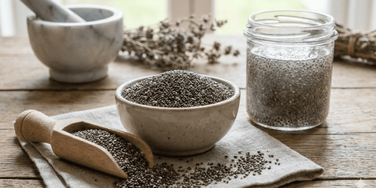 Quando a chia é deixada de molho em água, leite ou outras bebidas, suas fibras solúveis formam um gel