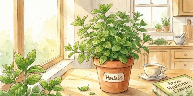 Hortelã cultivada em vaso na janela: fácil de cuidar, cresce rápido e garante folhas frescas para uso medicinal no dia a dia.