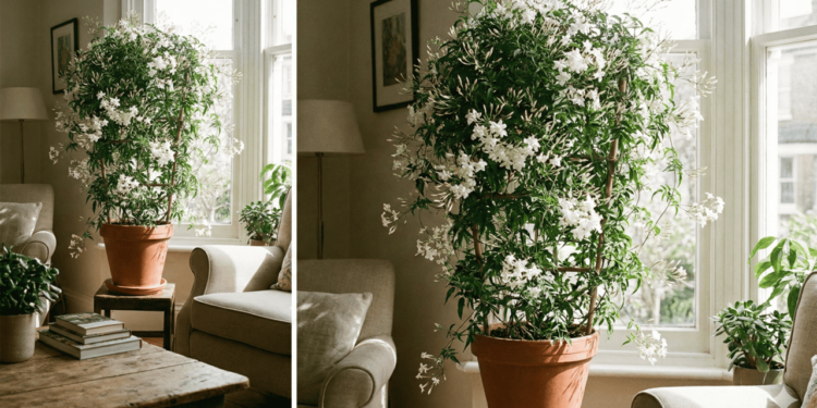 O jasmin é uma trepadeira perene, com ramos finos e compridos que se apoiam facilmente em suportes próximos