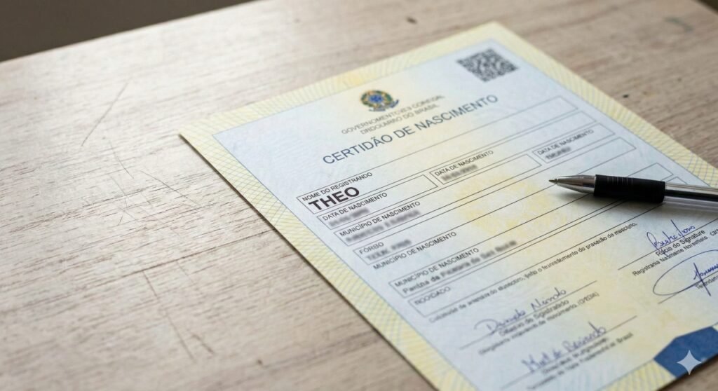 Certidão de nascimento brasileira sobre mesa de madeira clara com o nome “Theo”