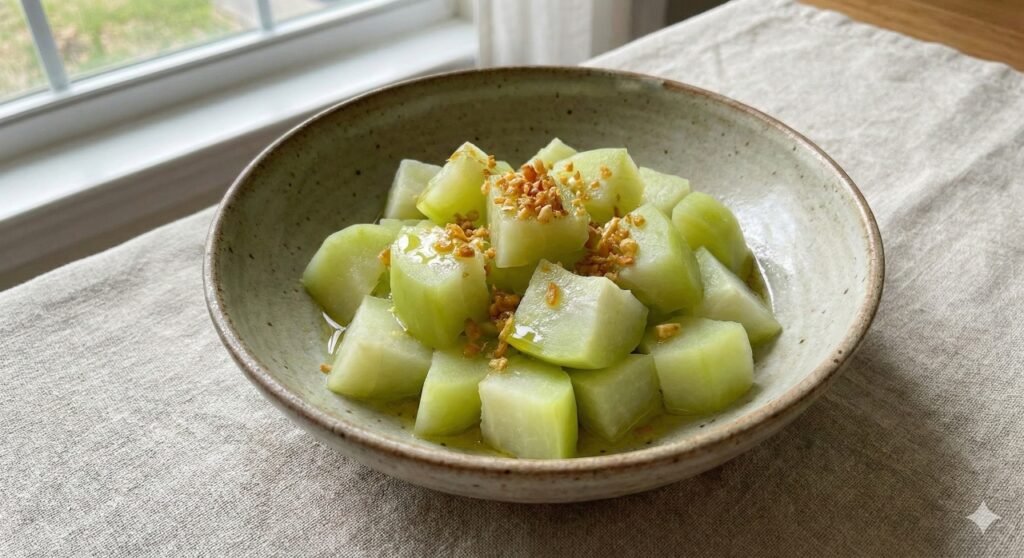 Preparo simples e saboroso de chuchu cozido em cubos, finalizado com azeite e alho dourado crocante.