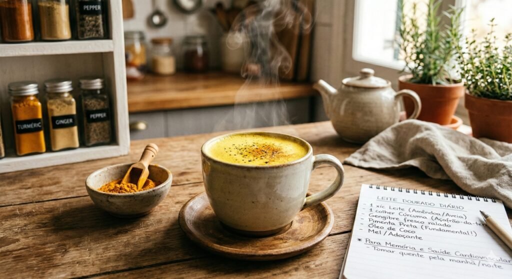 O golden milk é uma forma simples e saborosa de incluir a cúrcuma na rotina e aproveitar seus benefícios antioxidantes e anti-inflamatórios.