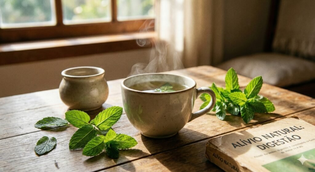 Chá de hortelã preparado na hora é uma opção natural para aliviar má digestão, gases e desconforto abdominal.