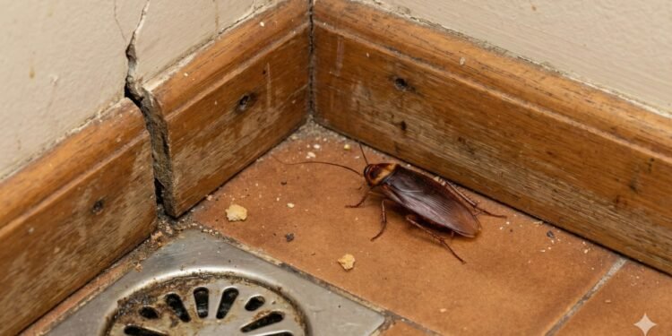 Barata no piso da cozinha próxima ao rodapé e ralo, sinal claro de possível infestação e risco de contaminação dentro de casa.