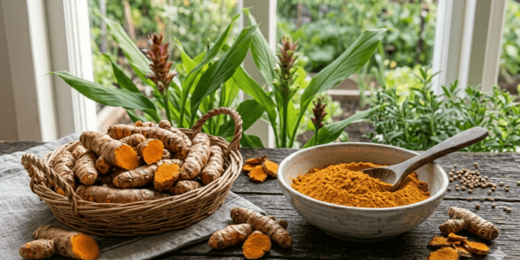 A cúrcuma fresca é a raiz da planta Curcuma longa, da mesma família do gengibre, com polpa alaranjada intensa que colore pratos e bebidas