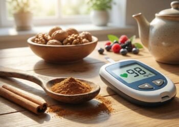 Canela em pó ao lado de medidor de glicemia com valor dentro da faixa normal, representando seu potencial apoio no controle do açúcar no sangue e na proteção cardiovascular.