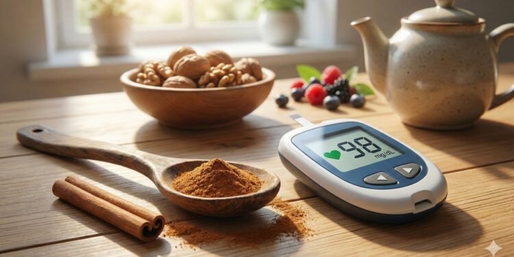 Canela em pó ao lado de medidor de glicemia com valor dentro da faixa normal, representando seu potencial apoio no controle do açúcar no sangue e na proteção cardiovascular.