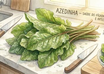 Folhas frescas de azedinha: PANC rica em antioxidantes e fibras que pode apoiar a saúde do fígado e do intestino.