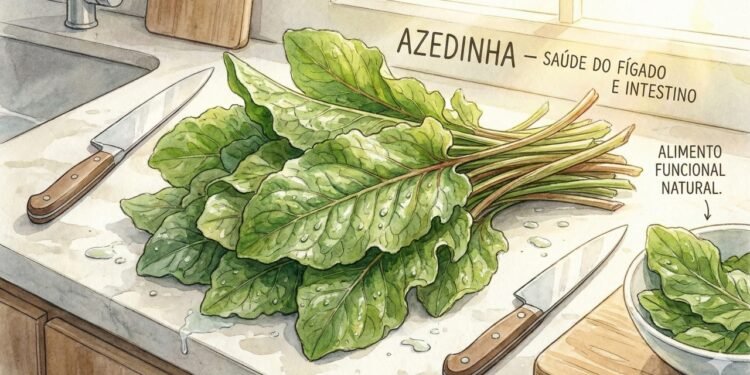 Folhas frescas de azedinha: PANC rica em antioxidantes e fibras que pode apoiar a saúde do fígado e do intestino.