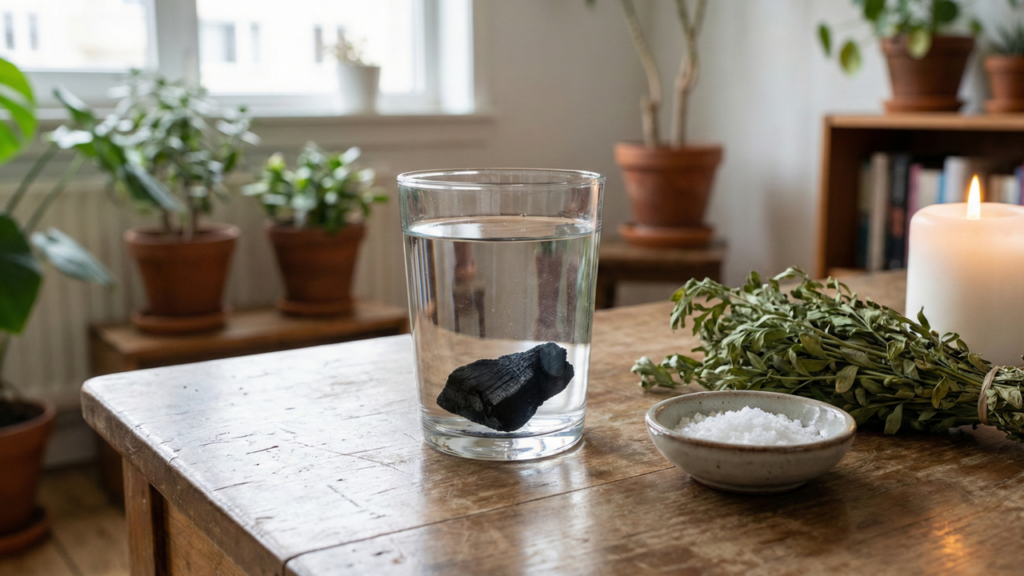 Poucos sabem qual o sentido de colocar carvão em um copo atrás da porta