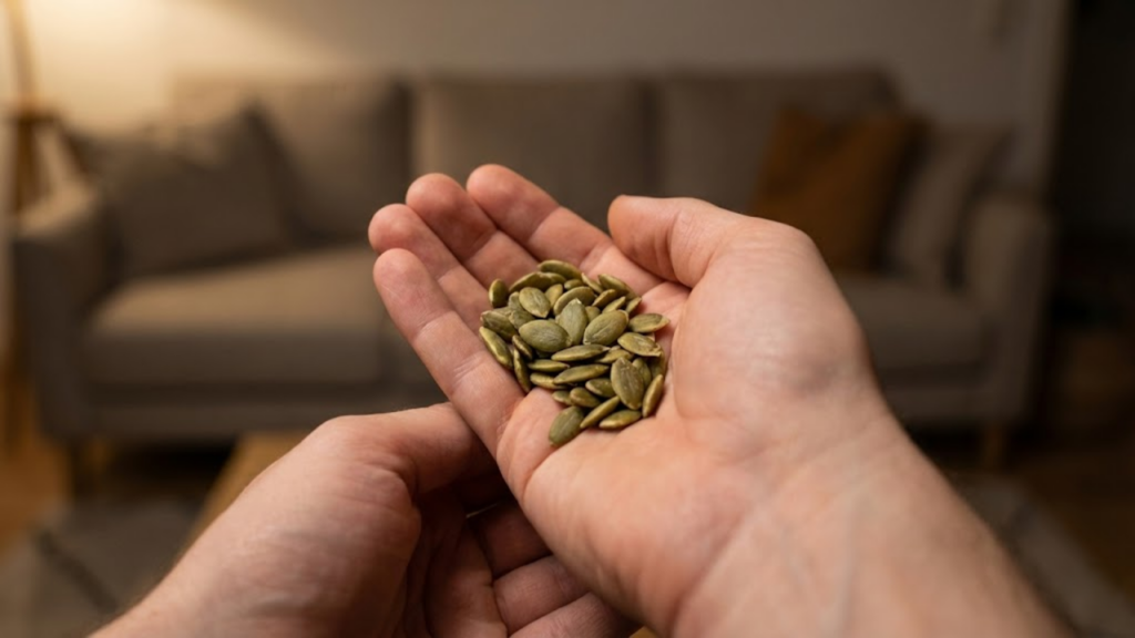 Foto em macro mostrando duas mãos segurando um pequeno punhado de sementes de abóbora torradas