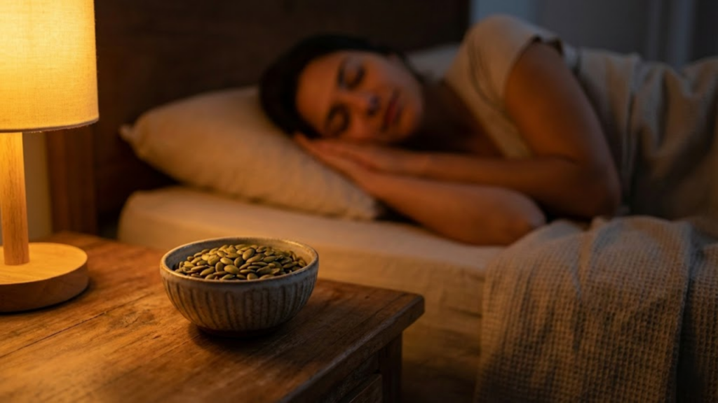 Um quarto aconchegante à noite com um pote de sementes de abóbora na mesa de cabeceira em foco