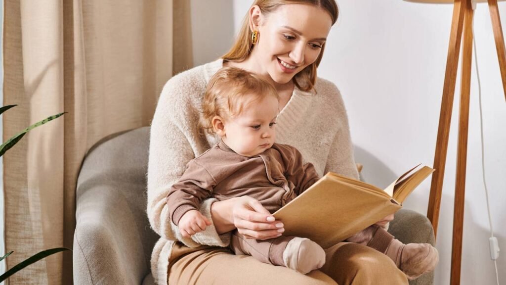 Cantinho de leitura modular com estantes baixas e almofadas que se adaptam ao tamanho da criança