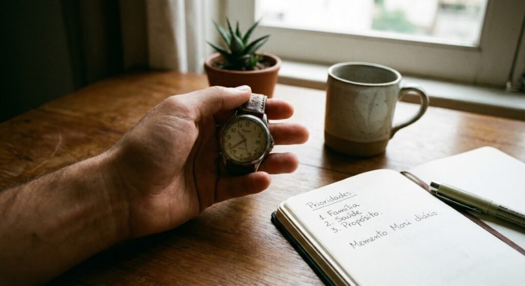 A reflexão diária sobre como usamos nosso tempo transforma o memento mori de conceito abstrato em ferramenta prática para decisões mais alinhadas com nossos valores essenciais.