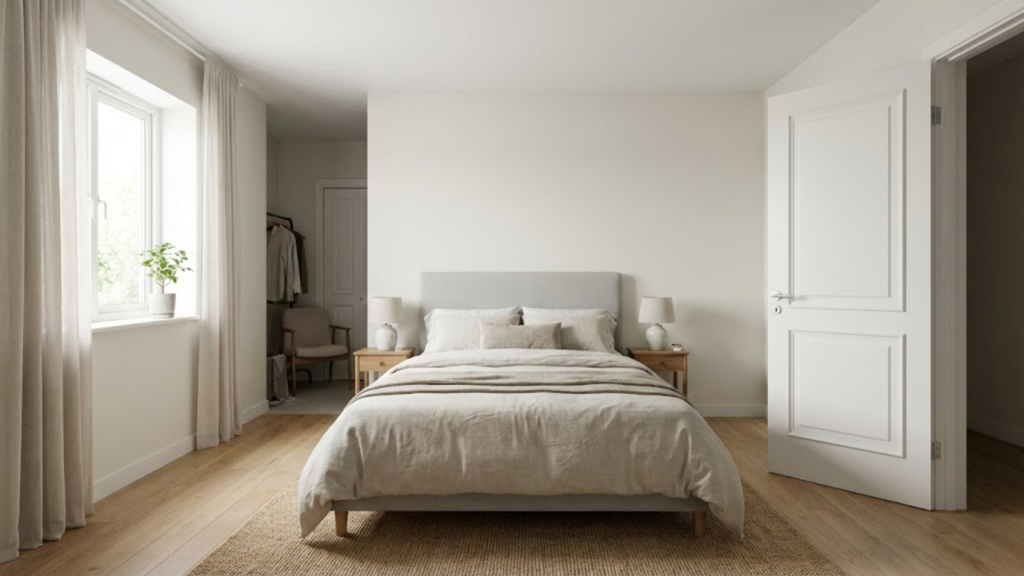 Disposição estratégica de cama em ambiente reduzido para otimização de circulação e ganho de espaço