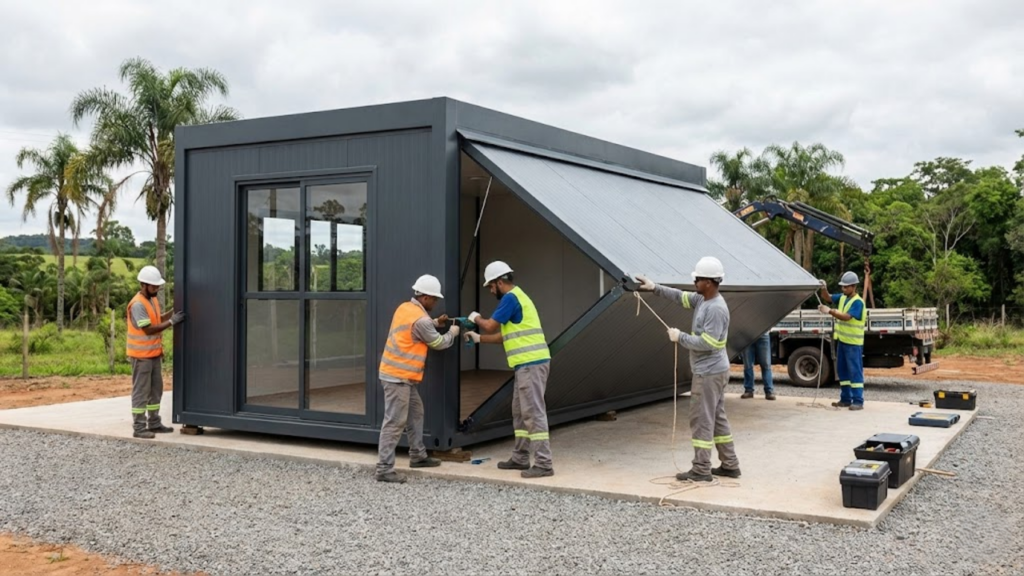 Estrutura de residência modular em processo de montagem rápida e limpa em terreno brasileiro