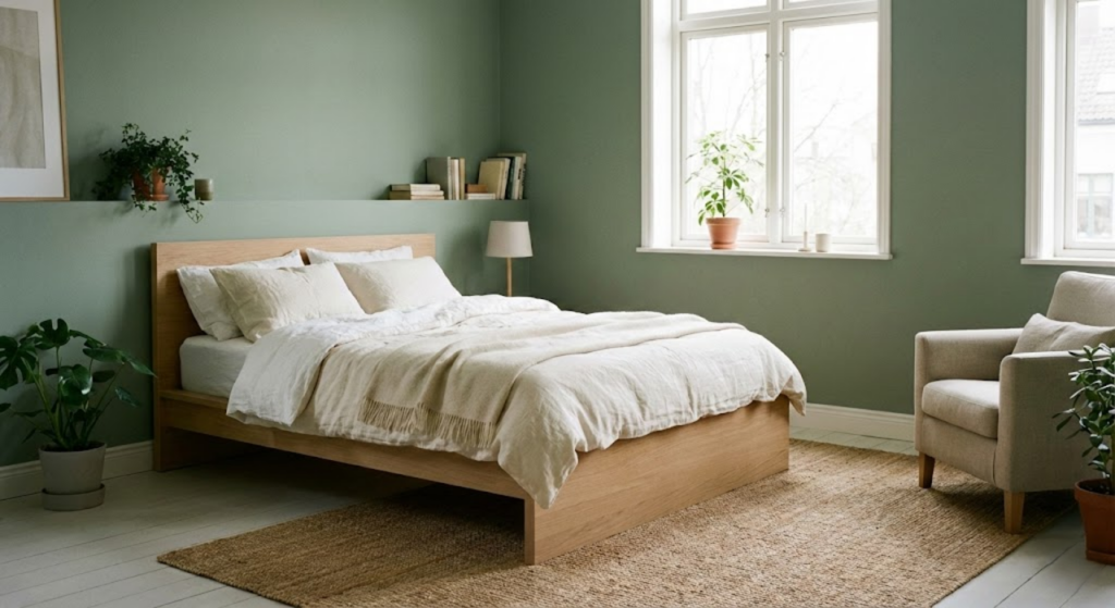 Quarto decorado com a cor que promove tranquilidade e calma no ambiente de descanso