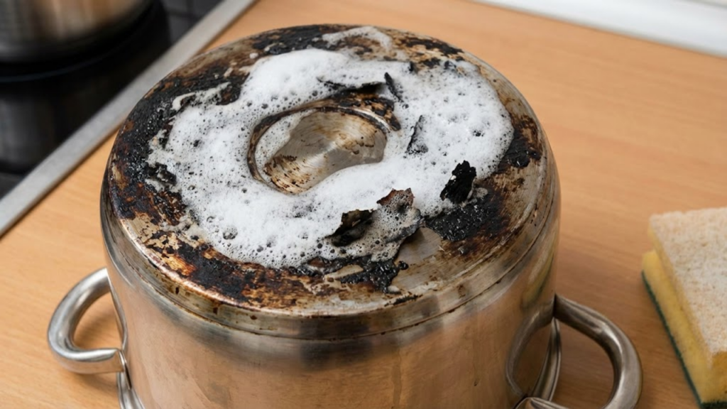 Preparo de mistura doméstica com dois ingredientes para limpeza profunda de panelas de cozinha