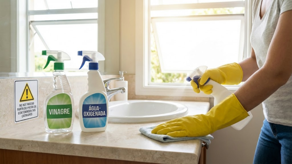 Combinação de vinagre com água oxigenada para higienização e limpeza de superfícies diversas