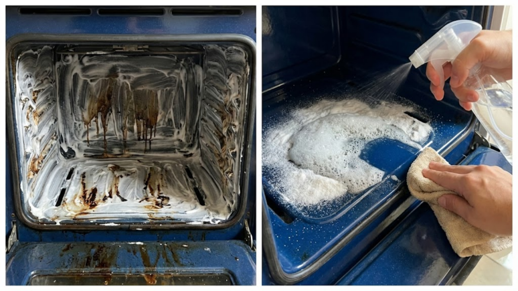 Demonstração de limpeza de forno com aplicação de solução caseira que dissolve gordura e sujeira incrustada sem a necessidade de esfregar