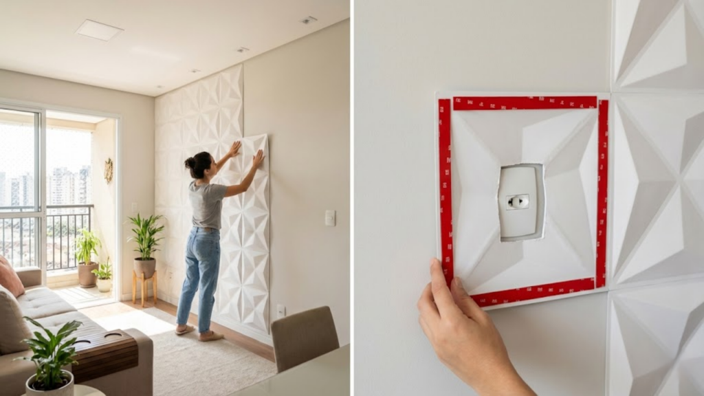 Instalação de painéis decorativos modernos aplicados em parede interna utilizando apenas fita dupla face para transformação do ambiente