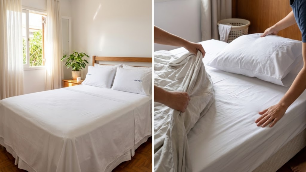 Pessoa retirando lençóis usados e colocando roupas de cama limpas e perfumadas em um quarto bem iluminado e arejado