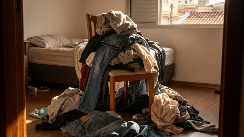 Cadeira com roupas acumuladas ilustrando o hábito que gera desordem no ambiente do quarto