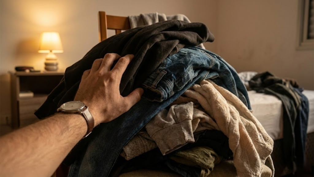 Cadeira com roupas acumuladas ilustrando o hábito que gera desordem no ambiente do quarto