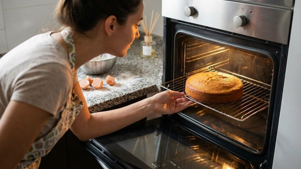 Alguém tirando um bolo do forno, com ingredientes reais na bancada contrastando com um difusor artificial ao fundo.